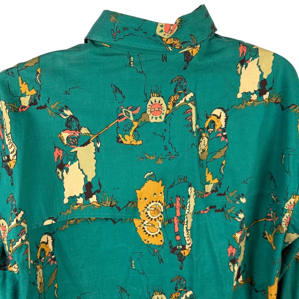 Panhandle Slim Men's Large Green Indigenous Warrior Print Western Shirt Made USA - Picture 3 of 10